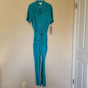 Vtg 80s Saint Germain Paris Coverall Jumpsuit Womens Sz Xl Blue Short Sleeve Nwt